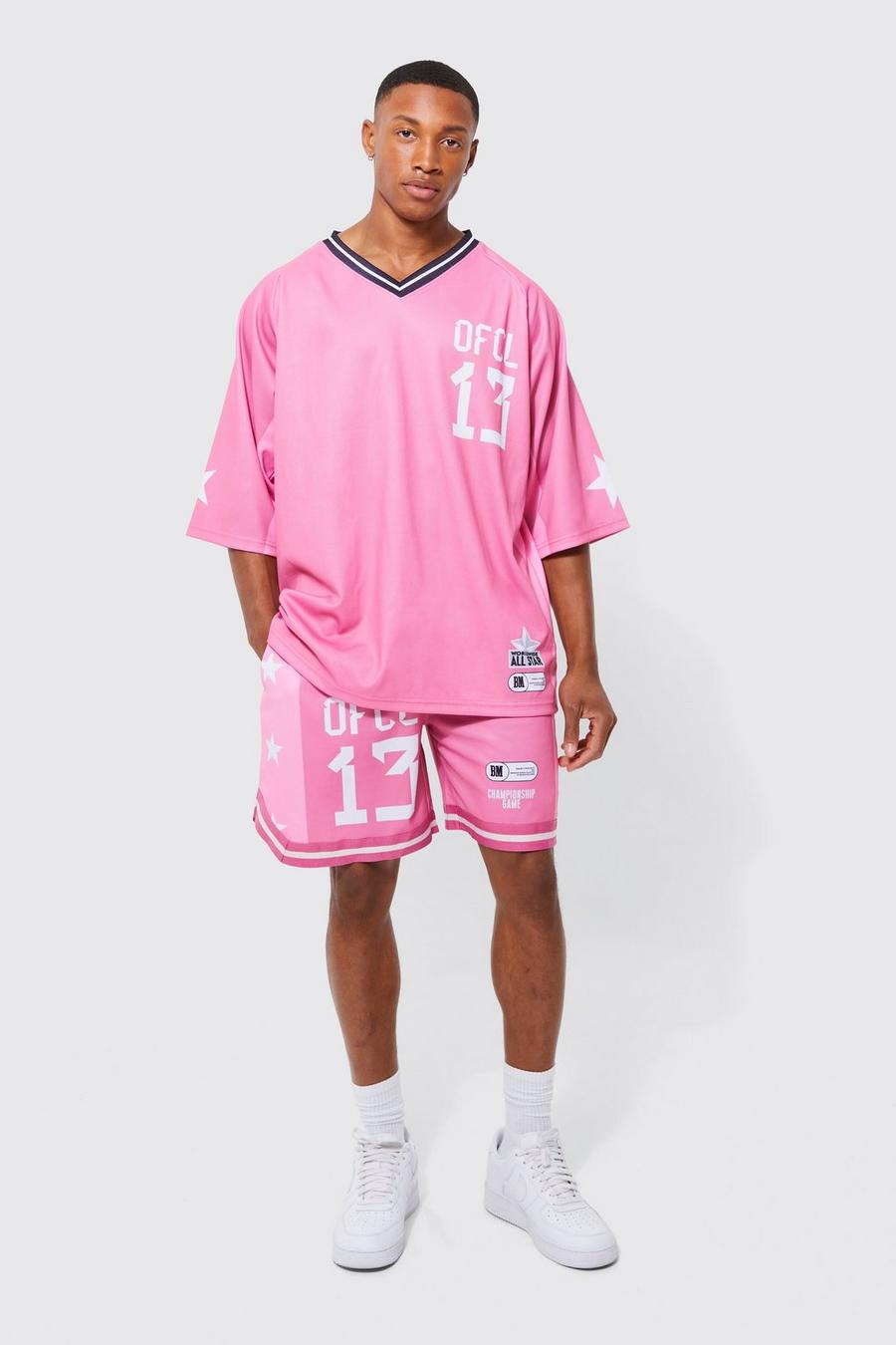 Pink Ofcl Mesh V-neck T-shirt & Short Set