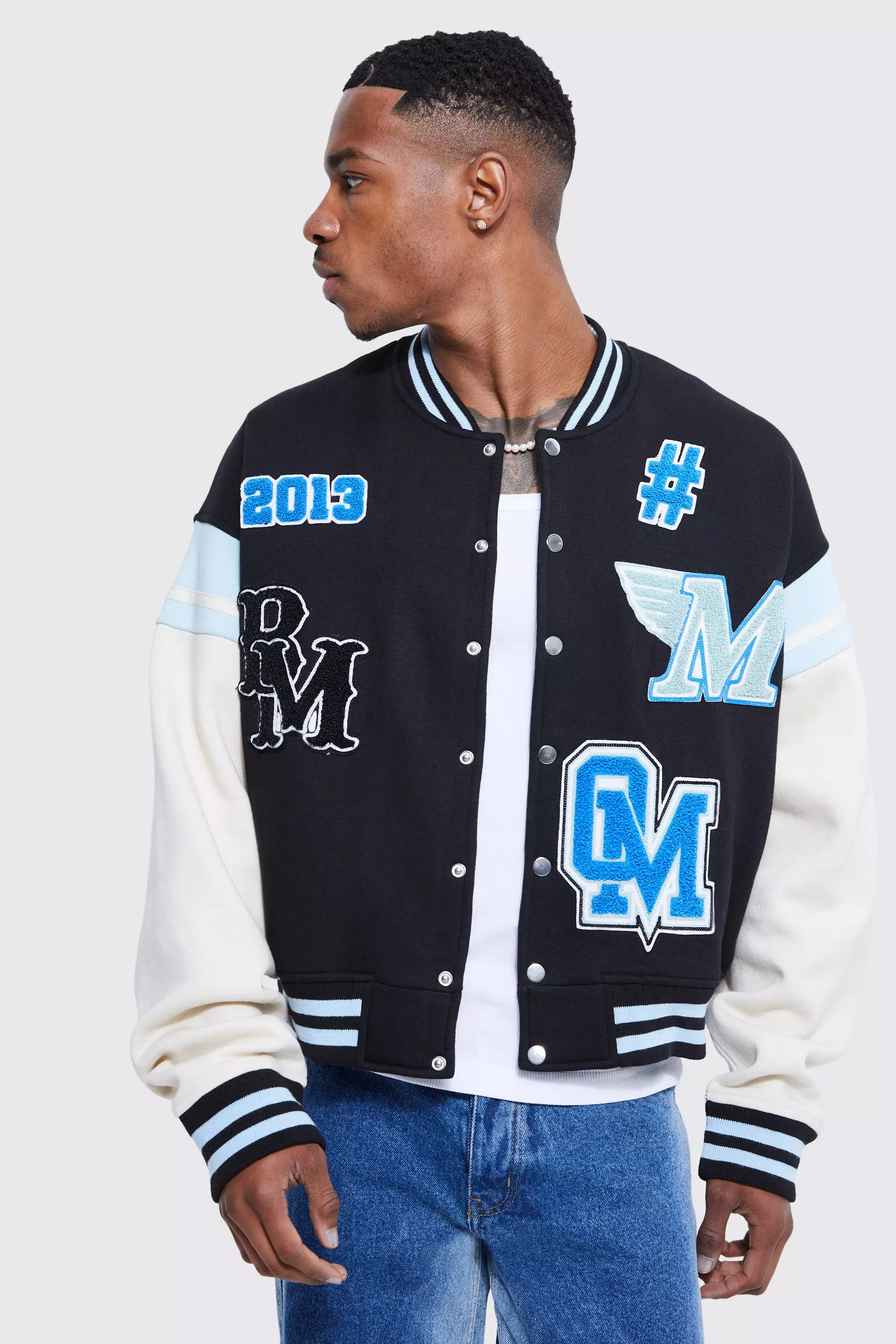 Black Boxy Varsity Multi Badge Jacket alternative image