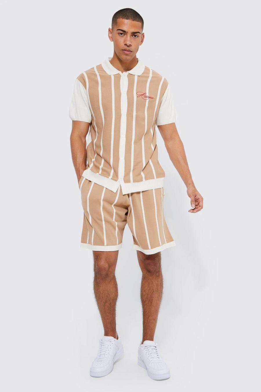 Sand beige Stripe Homme Knit Shirt & Shorts Set