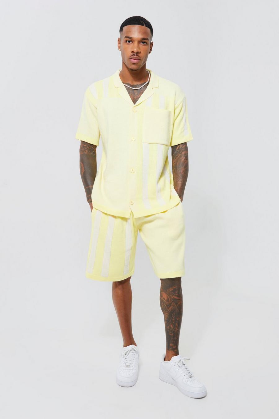 Lemon yellow Spliced Stripe Knitted Shirt & Shorts Set