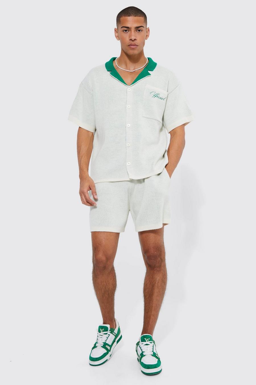 Kurzärmliges kastiges Strick-Hemd & Shorts, Ecru image number 1