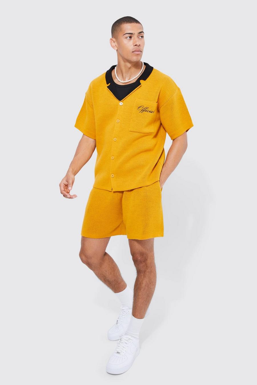 Short Sleeve Boxy Knit Shirt & Shorts Set, Mustard giallo