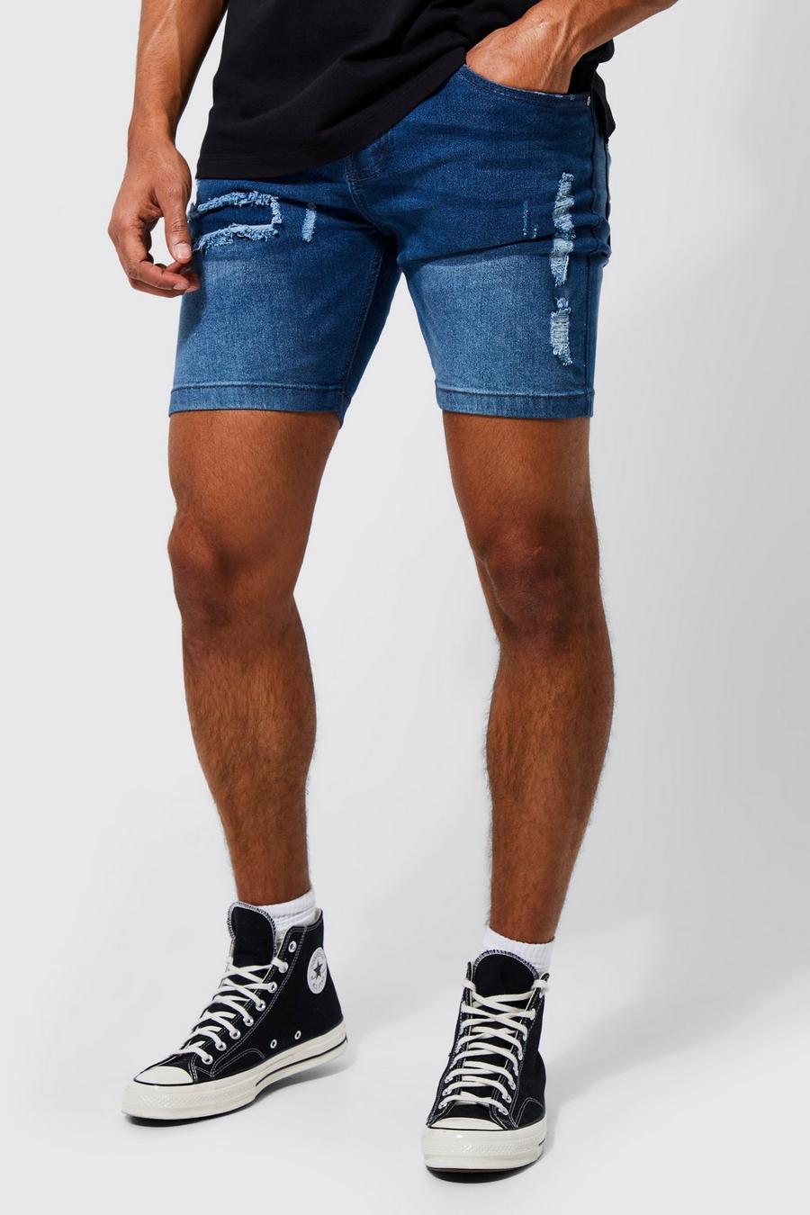 Mid blue Skinny Stretch Rip And Repair Denim Shorts image number 1