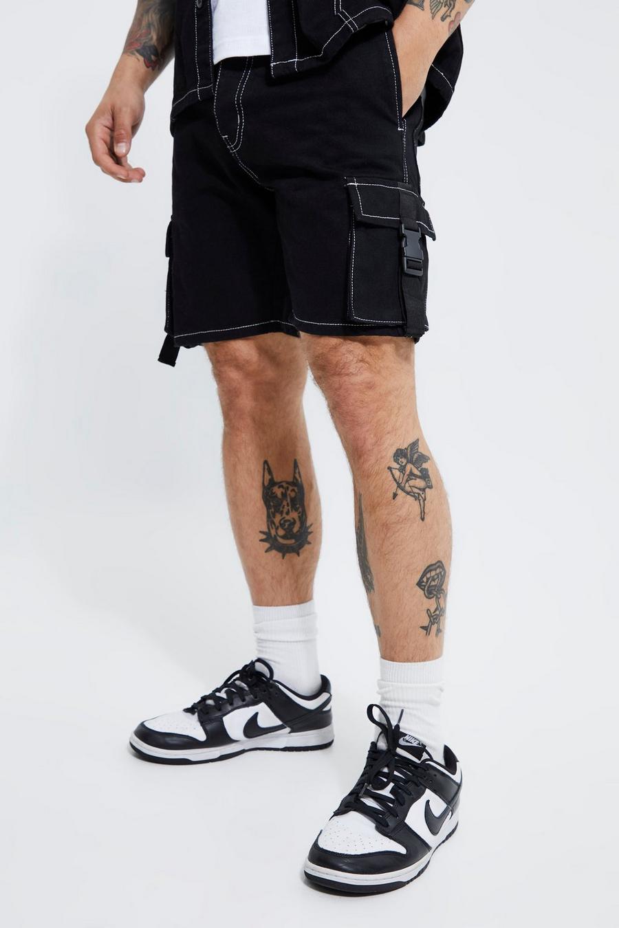 True black Slim Fit Contrast Stitch Cargo Denim Shorts