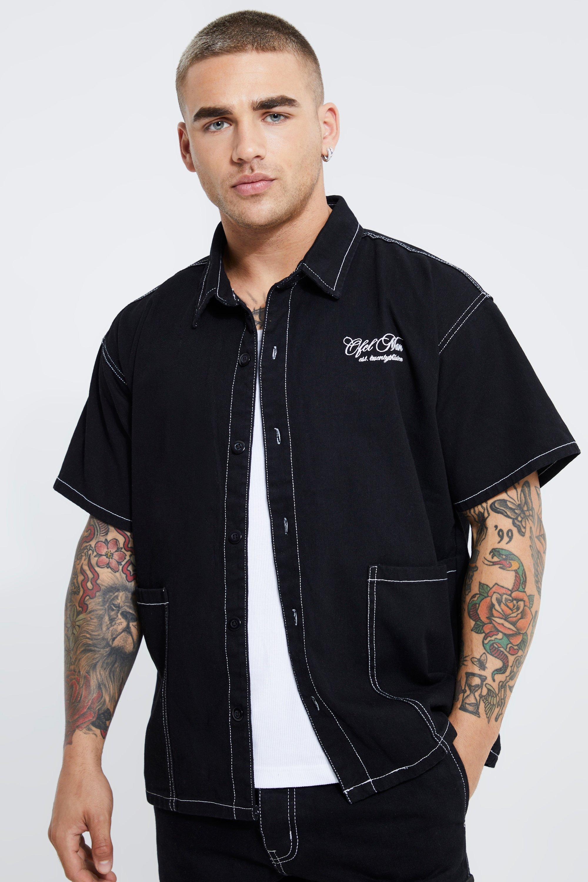 True black Boxy Fit Man Contrast Stitch Denim Shirt