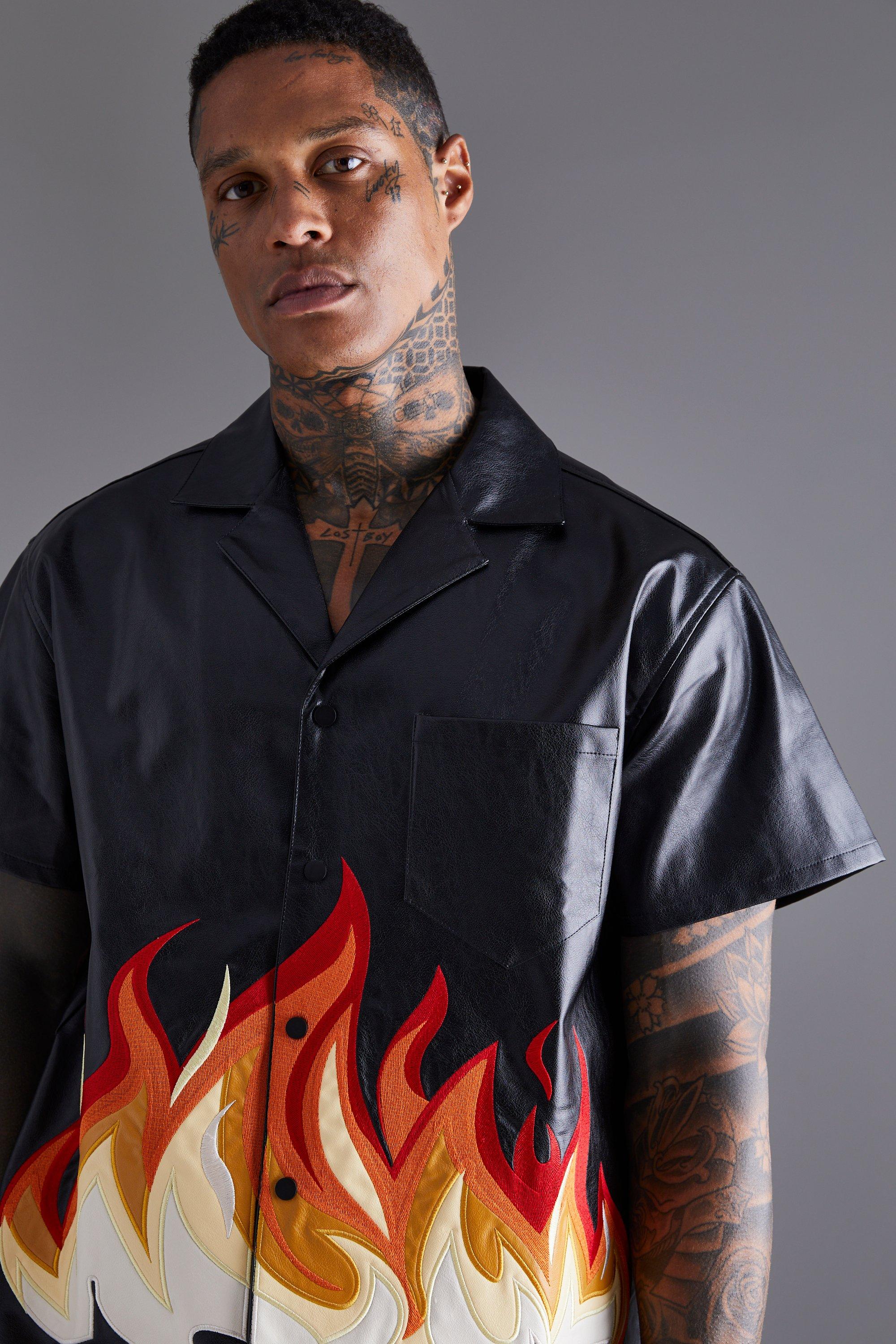 PU Short Sleeve Revere Boxy Flame Print Shirt