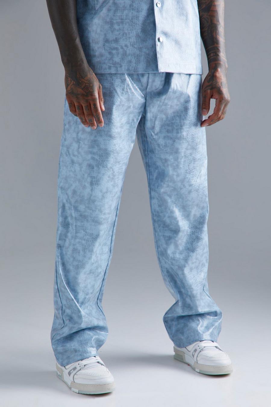 Blue PU Elasticated Waistband Relaxed Textured Trouser image number 1