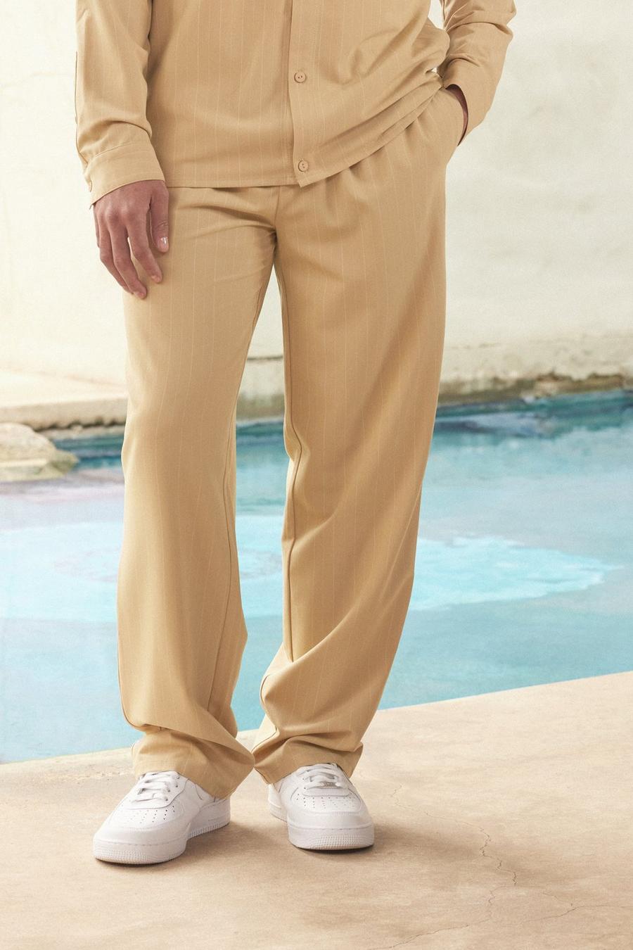 Pantalon ample à rayures fines et taille élastique, Stone image number 1