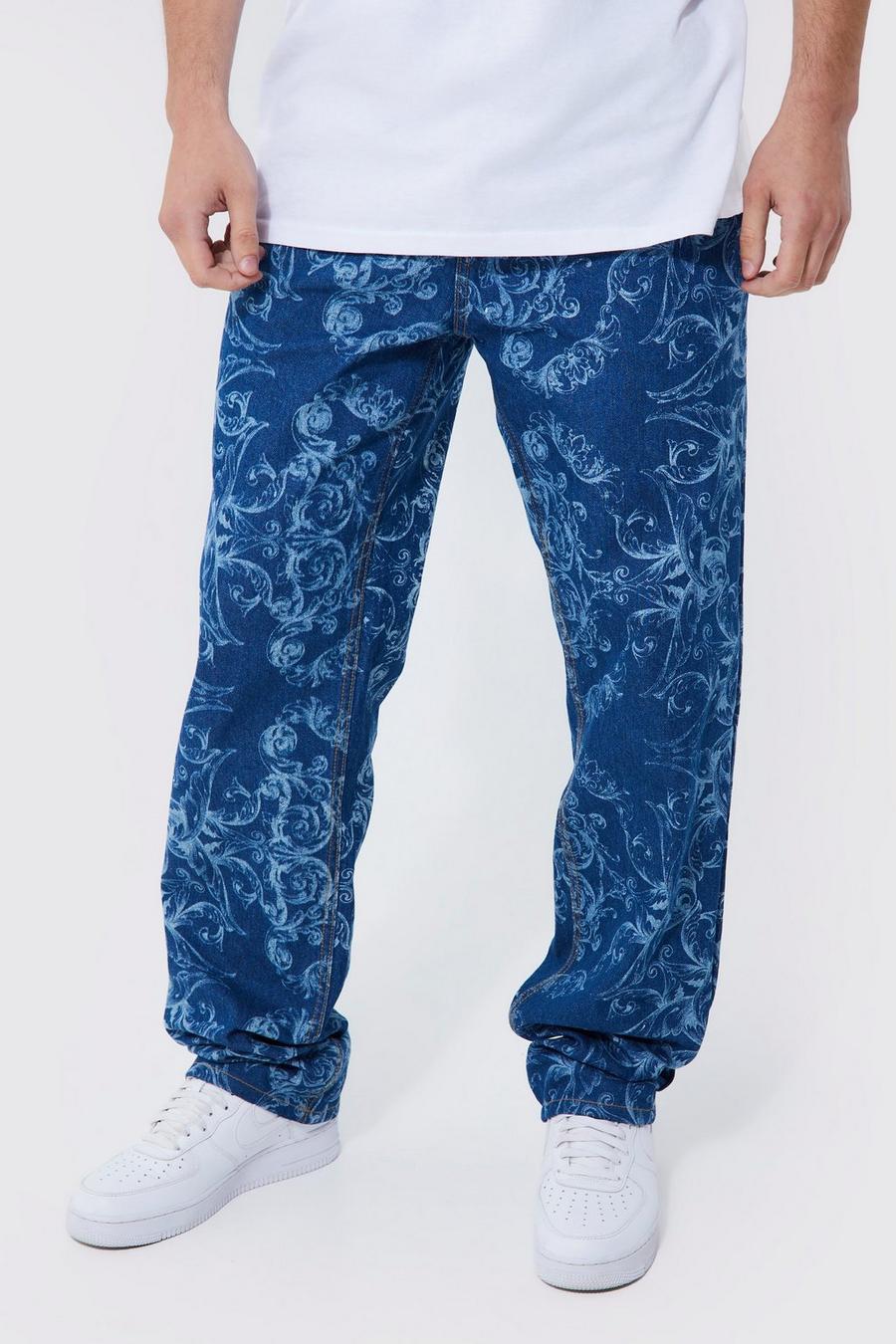 Mid blue Tall Relaxed Fit Baroque Print Jeans