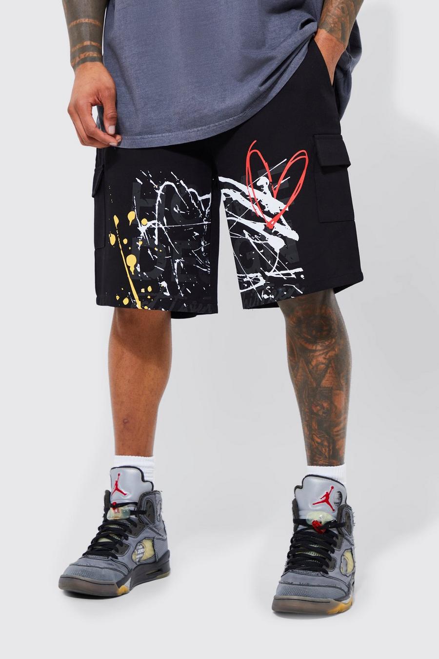 Lockere Cargo-Shorts mit elastischem Bund und Farbspritzern, Black