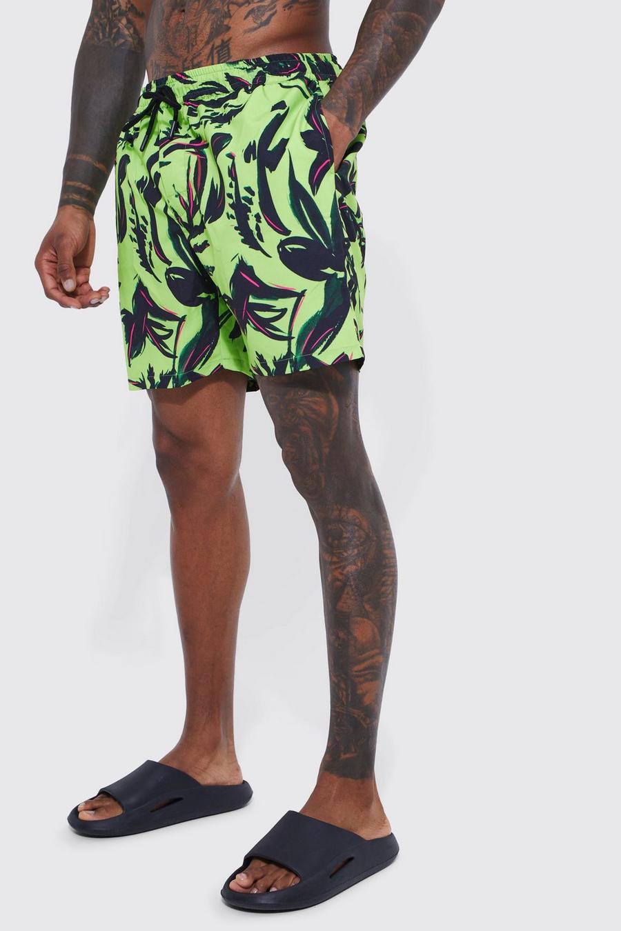 Lime green Mid Length Floral Swim Shorts