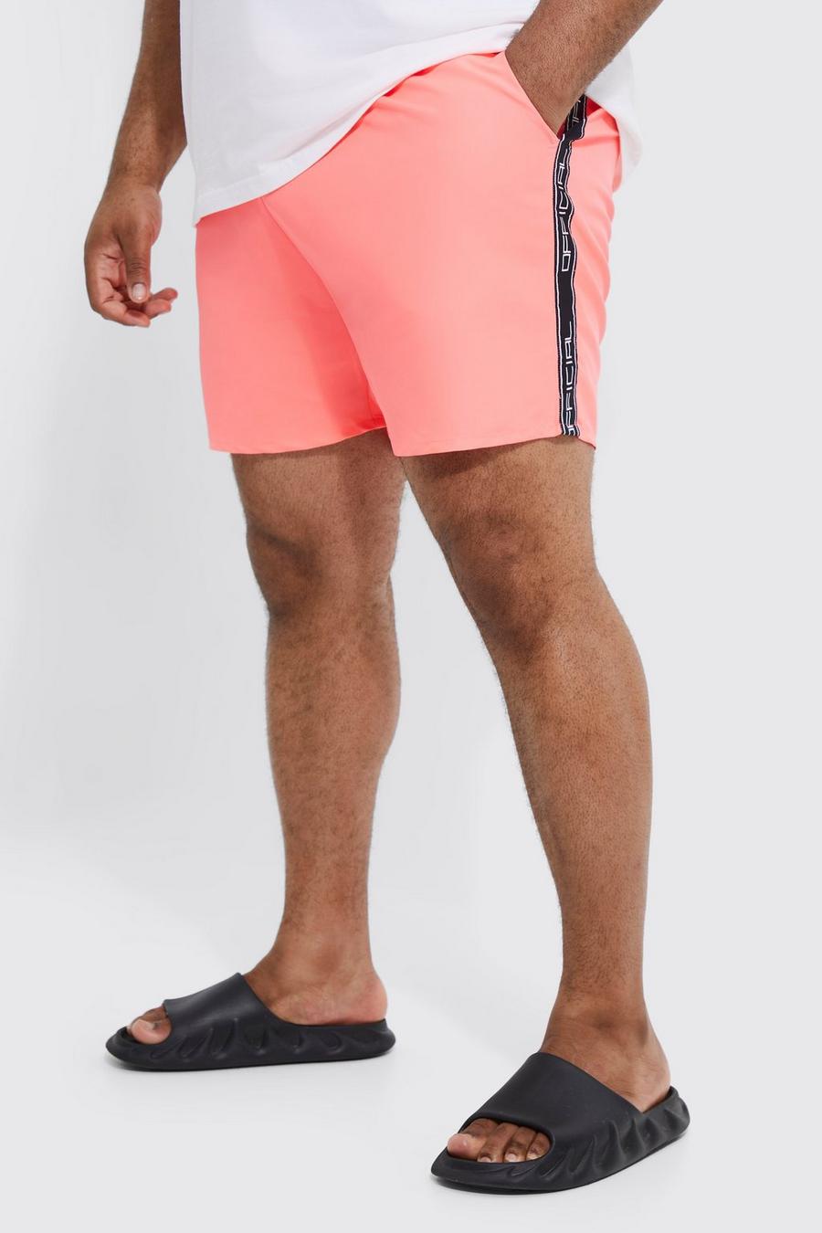 Neon-pink Plus Mid Length Official Tape Swim Shorts