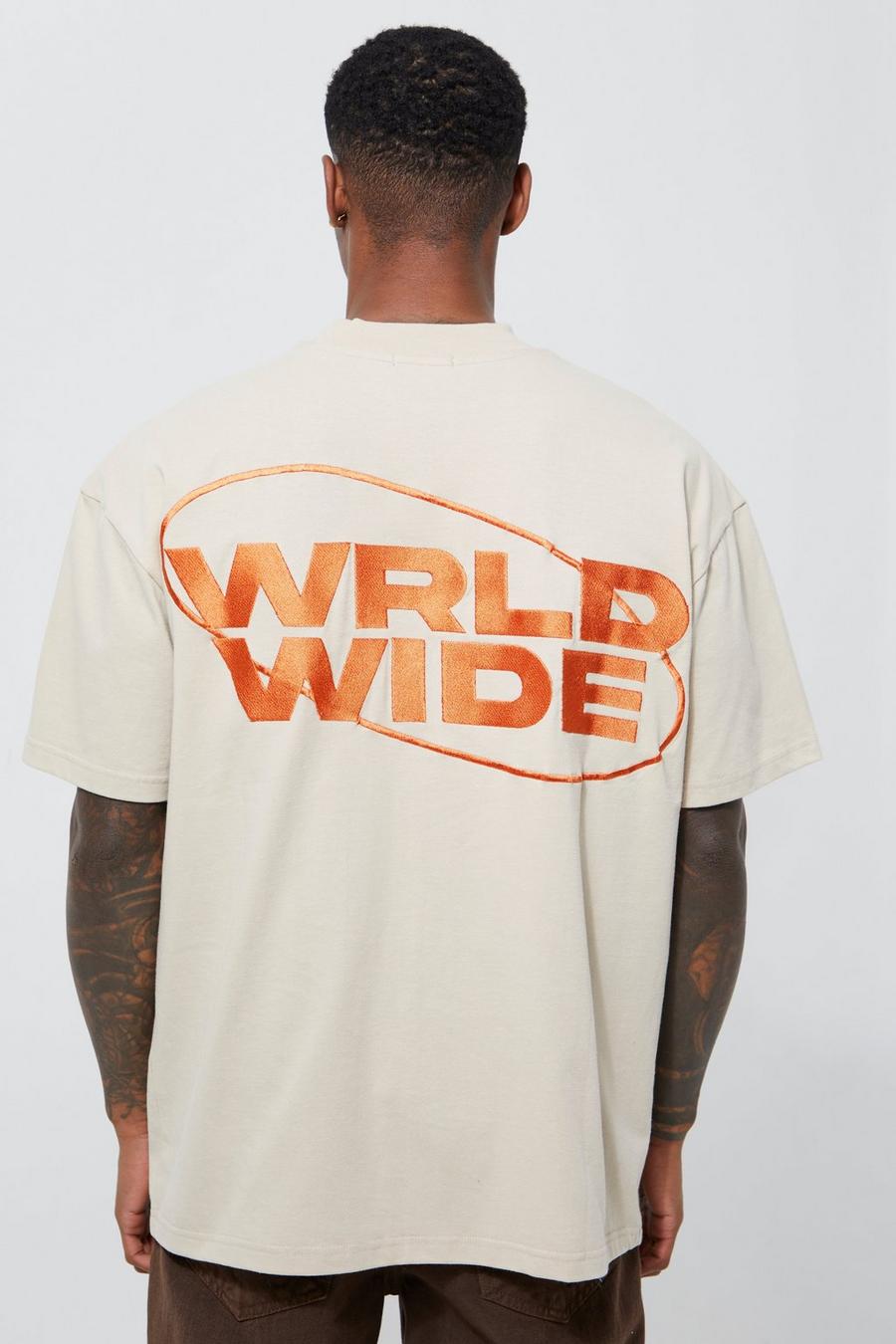 Men's Oversized Heavy Embroidered Worldwide T-shirt 1 | Boohoo UK