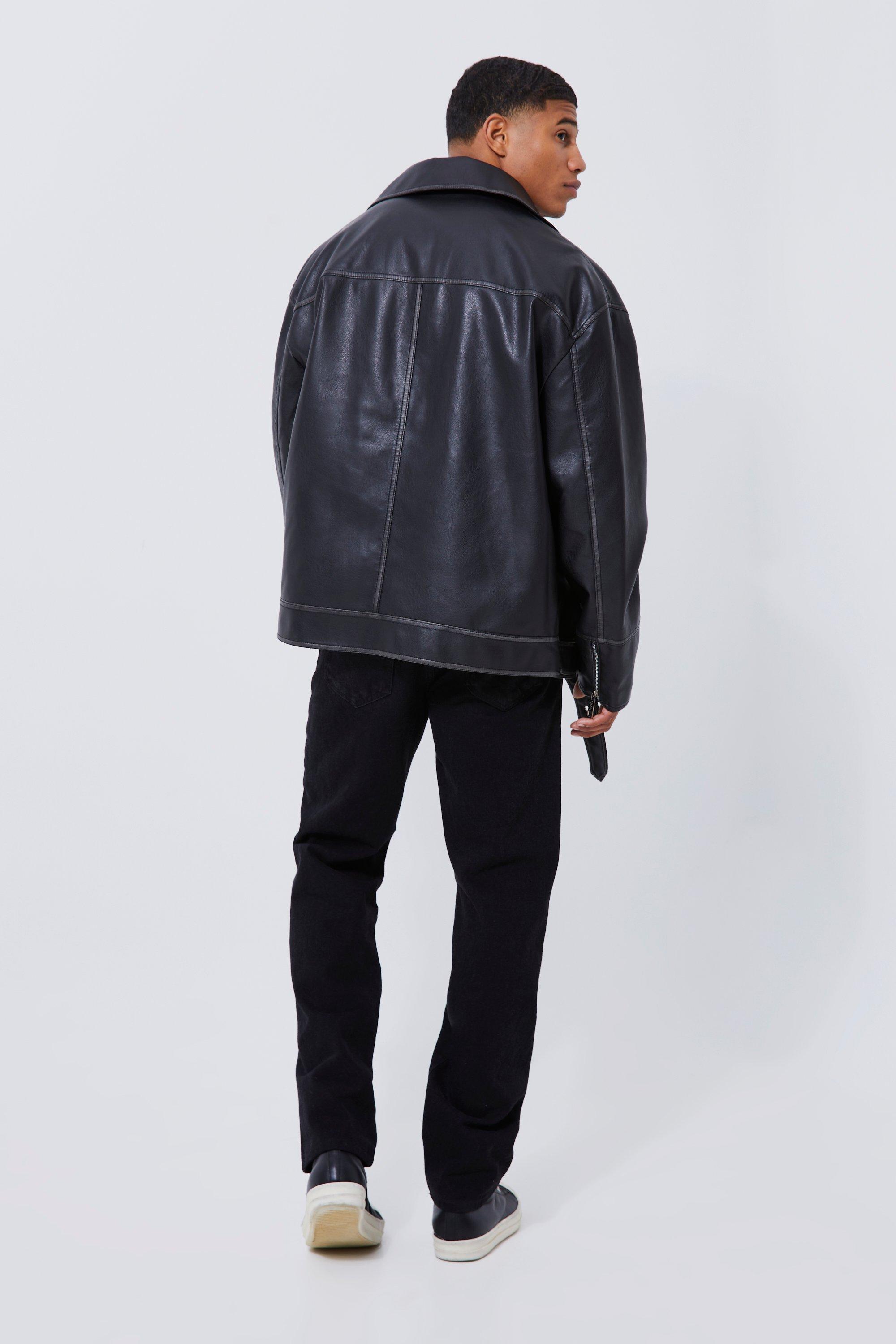 Men s Oversized Vintage Pu Biker Jacket Boohoo UK