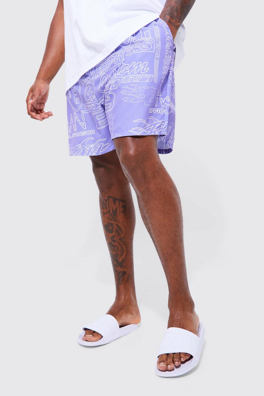 Lilac purple Plus Mid Length Man Ofcl Print Swim Shorts