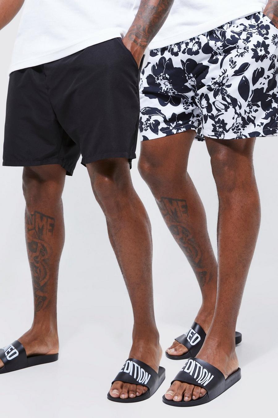 Black noir Plus Mid Length 2 Pack Print & Plain Swim Shorts