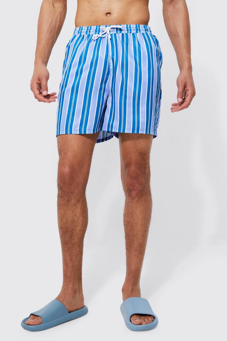 Blue Tall Short Length Stripe Swim Shorts