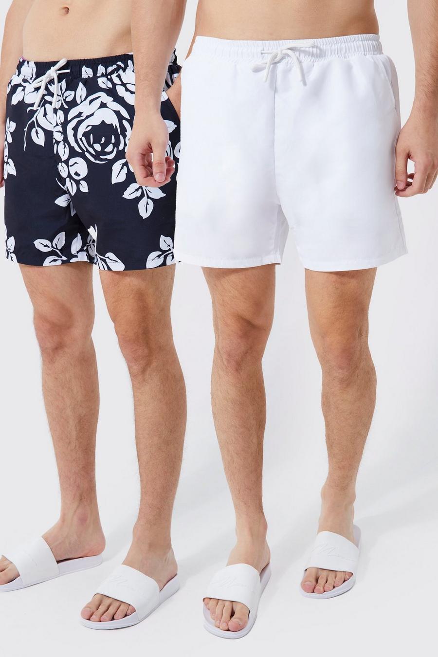 White Tall Short Length 2 Pack Print & Plain Swim Shorts