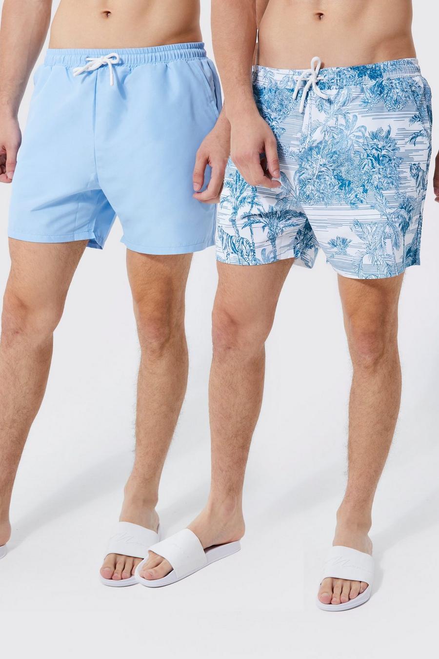 Blue bleu Tall Short Length 2 Pack Print & Plain Swim Shorts