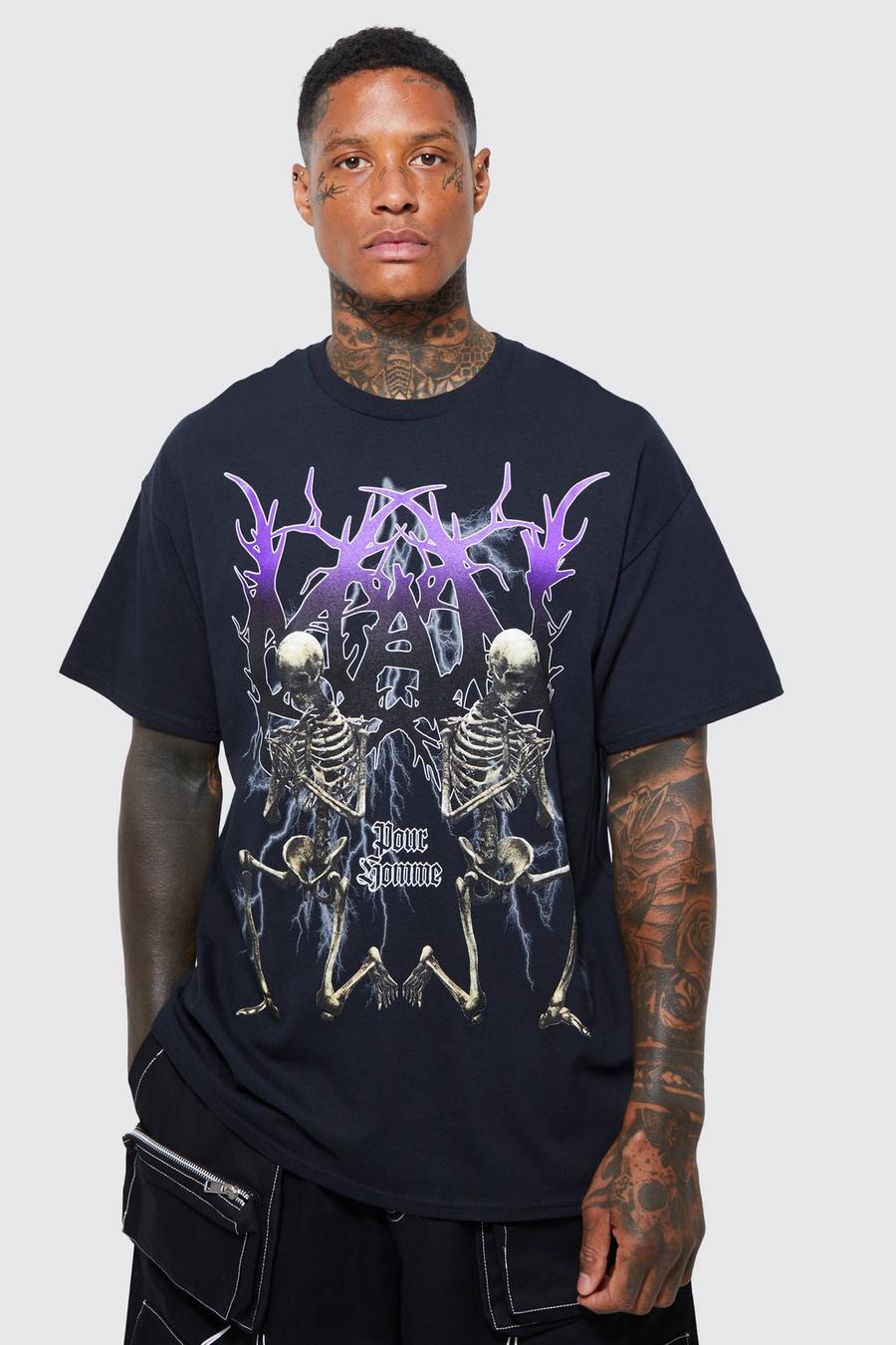 Camiseta oversize con estampado gráfico de calavera gótica, Black negro