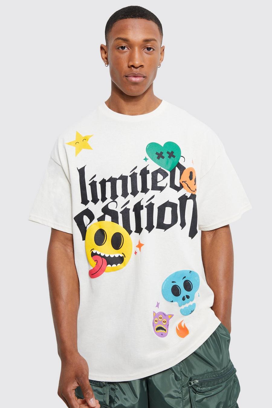 Oversize T-Shirt mit Print, Ecru weiß