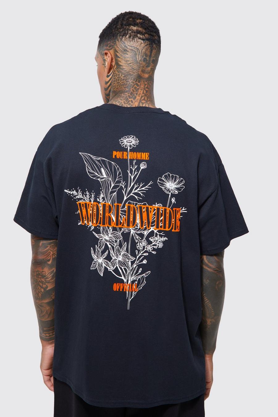 Camiseta oversize con estampado gráfico de flores en la espalda, Black