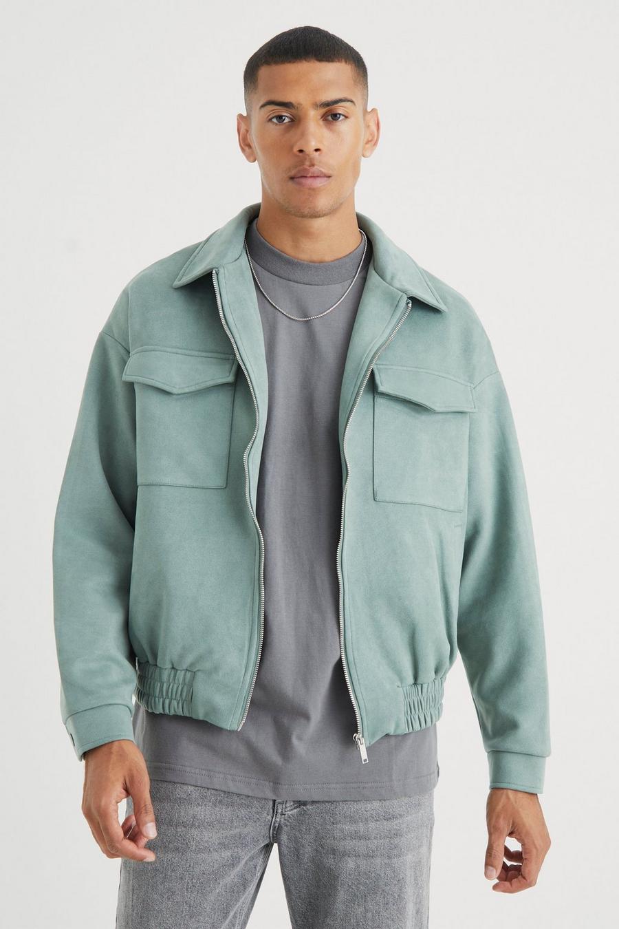 Giacca Bomber in suedette stile Utility con colletto, Sage image number 1