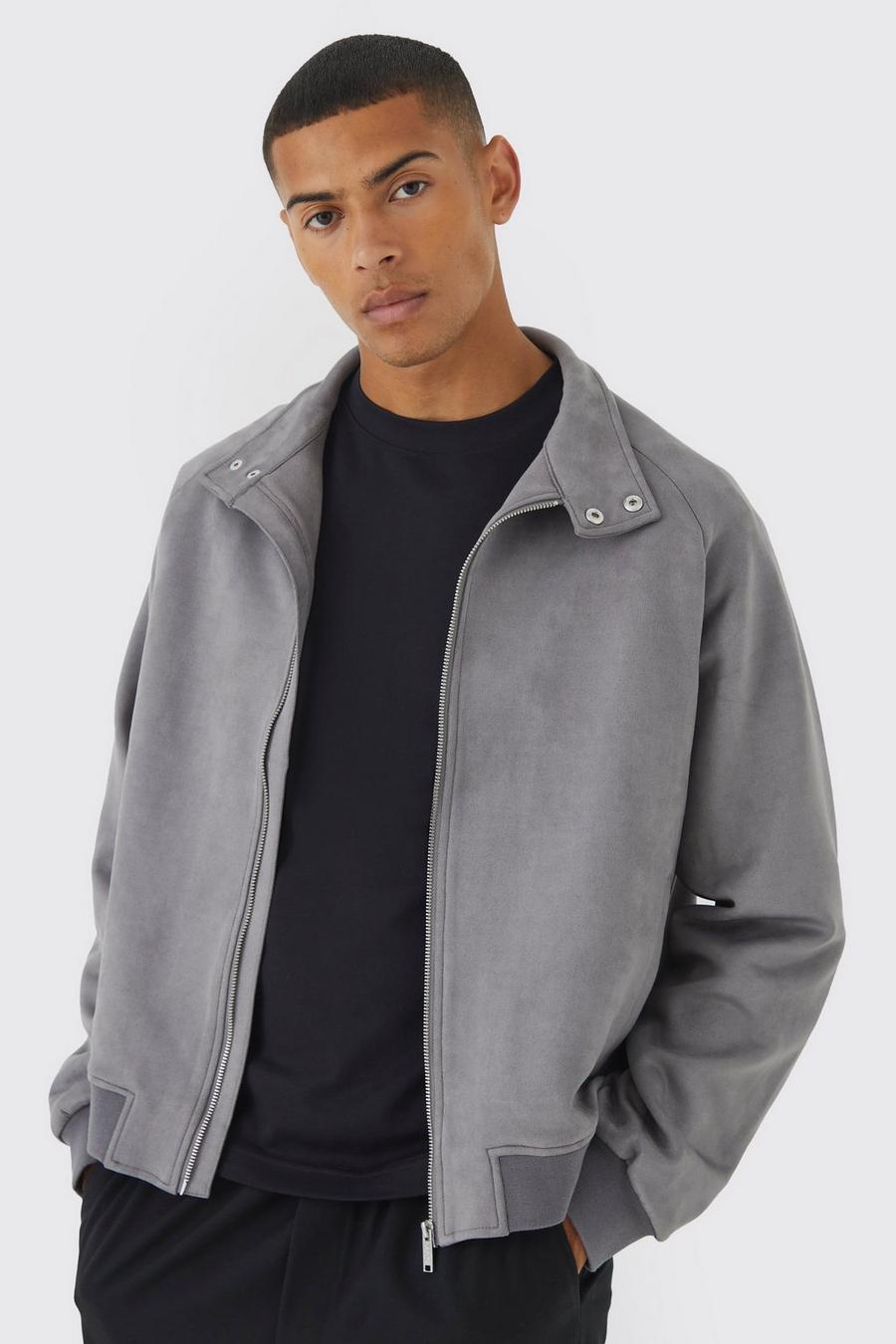 Charcoal grey Suedette Funnel Neck Bomber