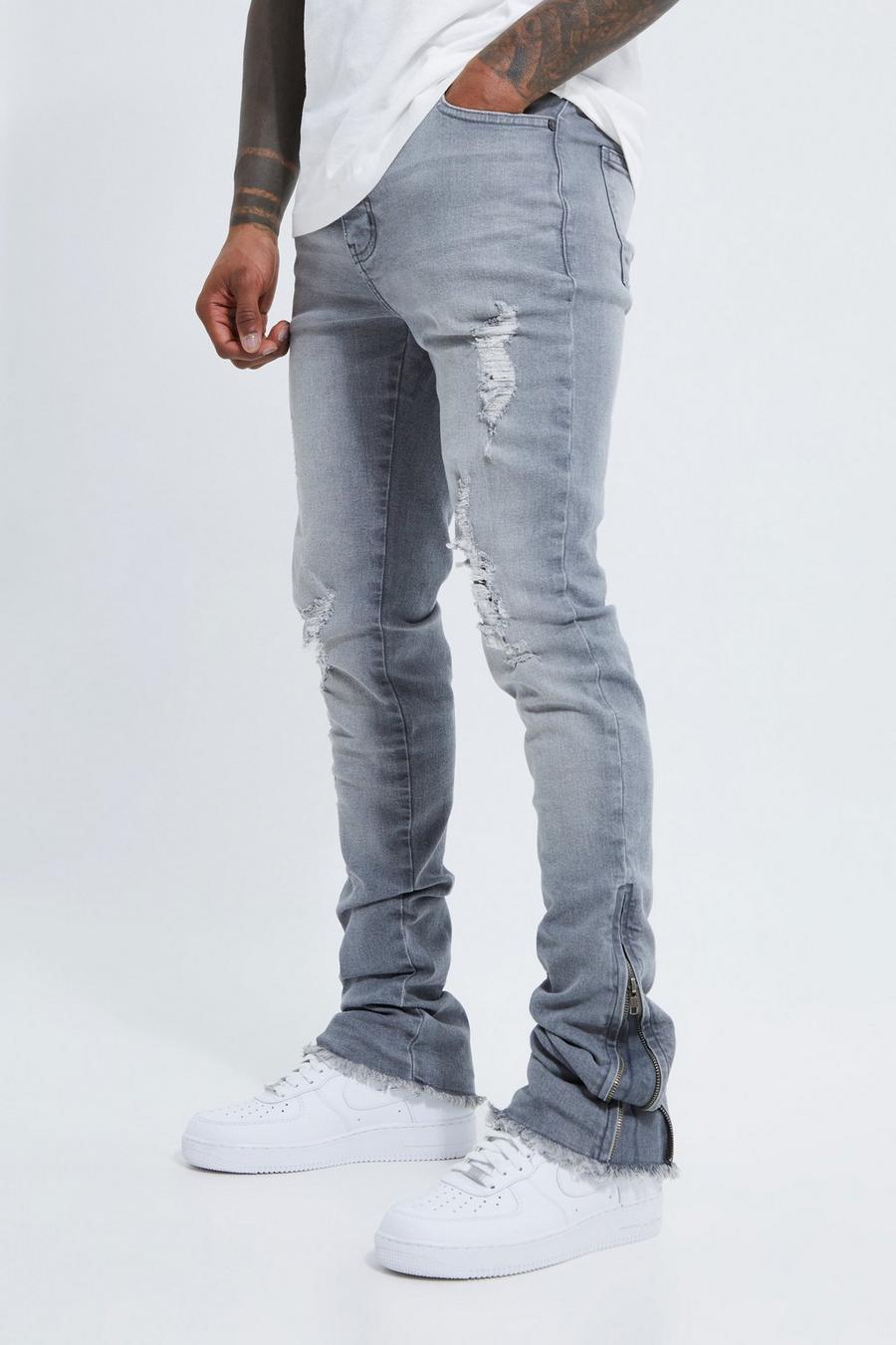 Grey Skinny Stretch Stacked Zip Gusset Rip Jeans