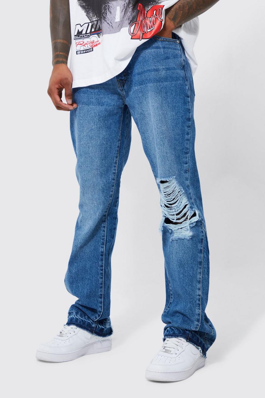 Mid blue Slim Rigid Flare Ripped Knee Jeans image number 1