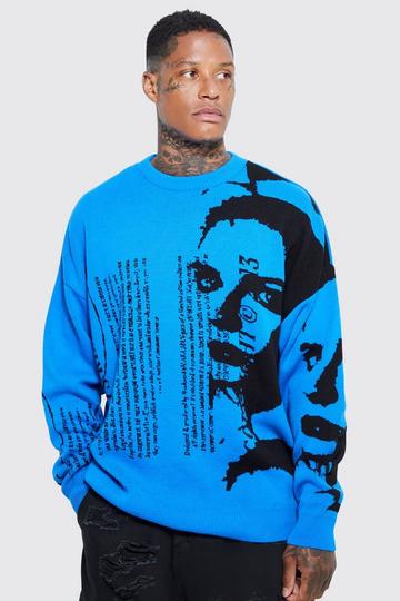 Oversized Portrait Text Knitted Sweater dusty blue