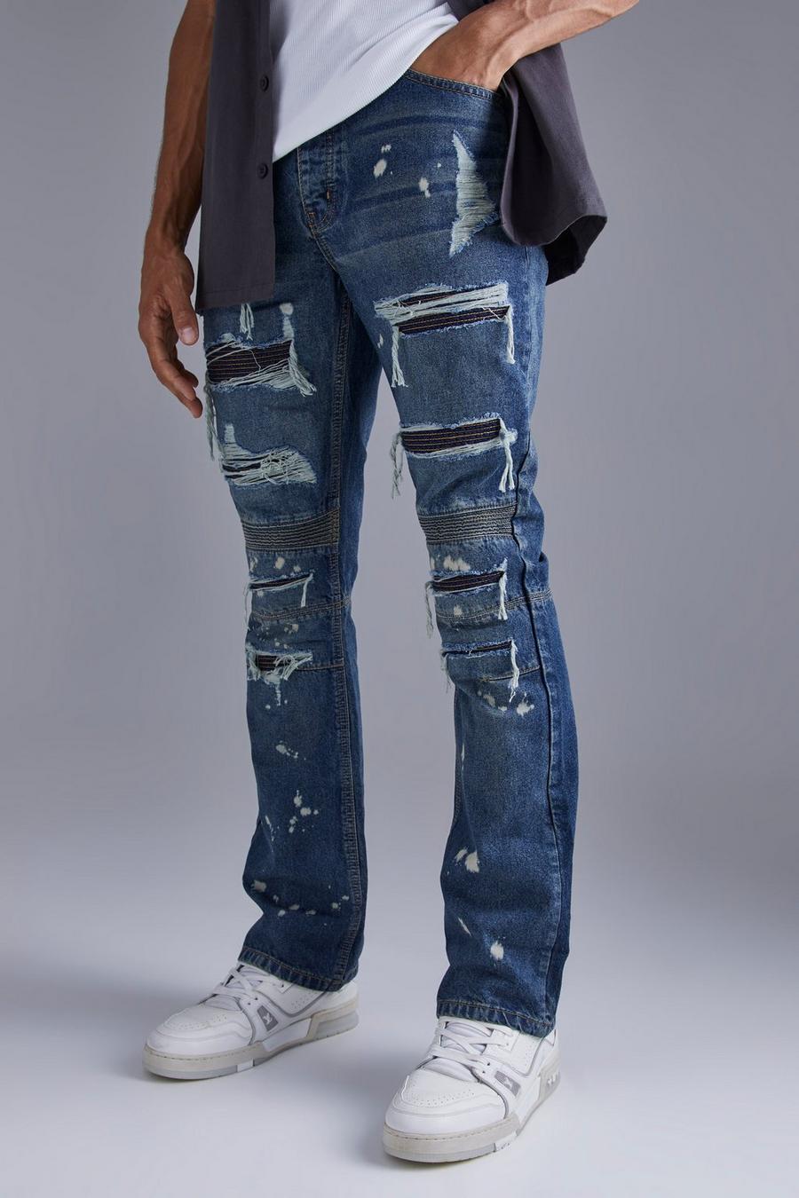 Antique blue Slitna slim fit jeans med bikerdetaljer