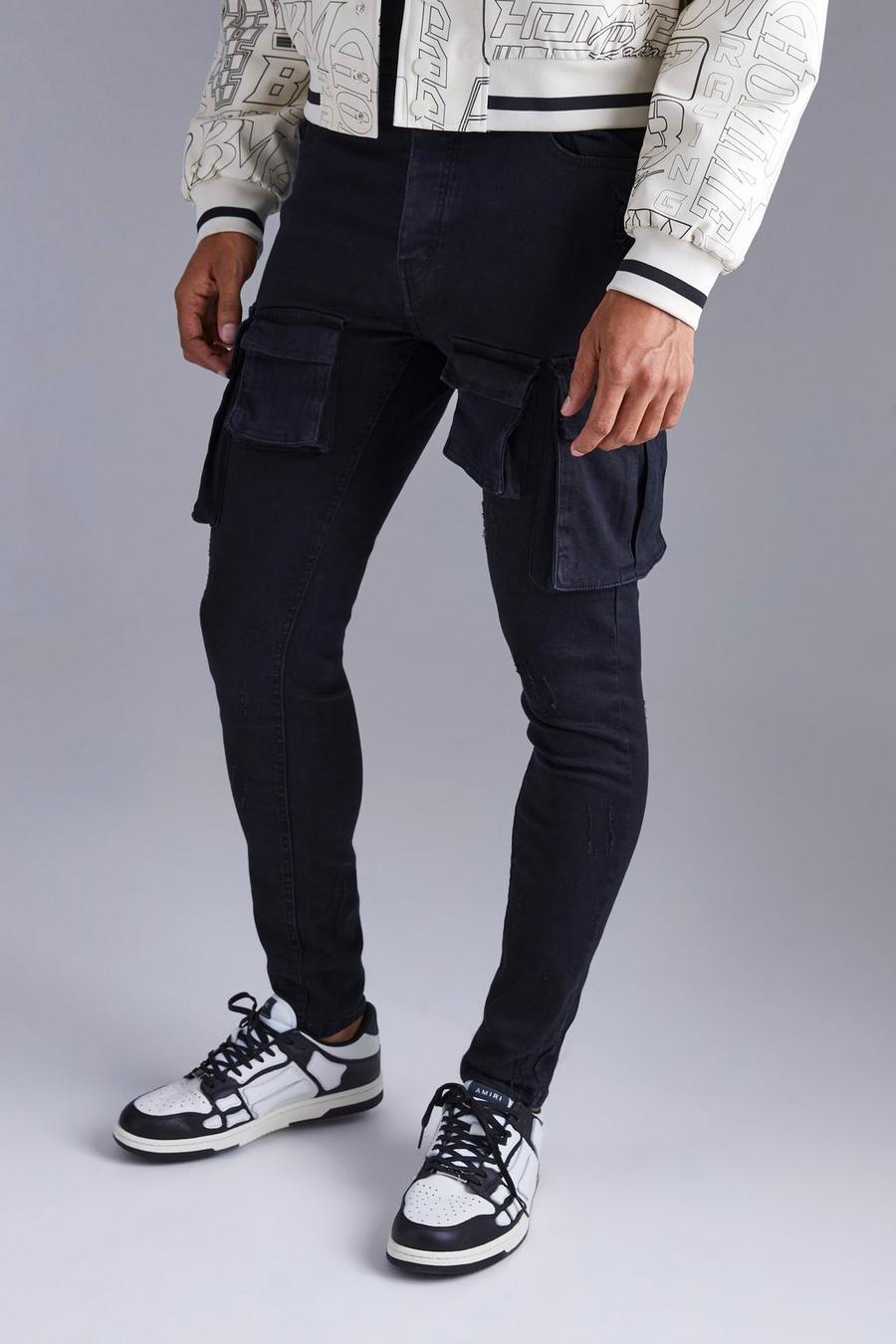 Black Skinny Stretch Multi Cargo Jeans