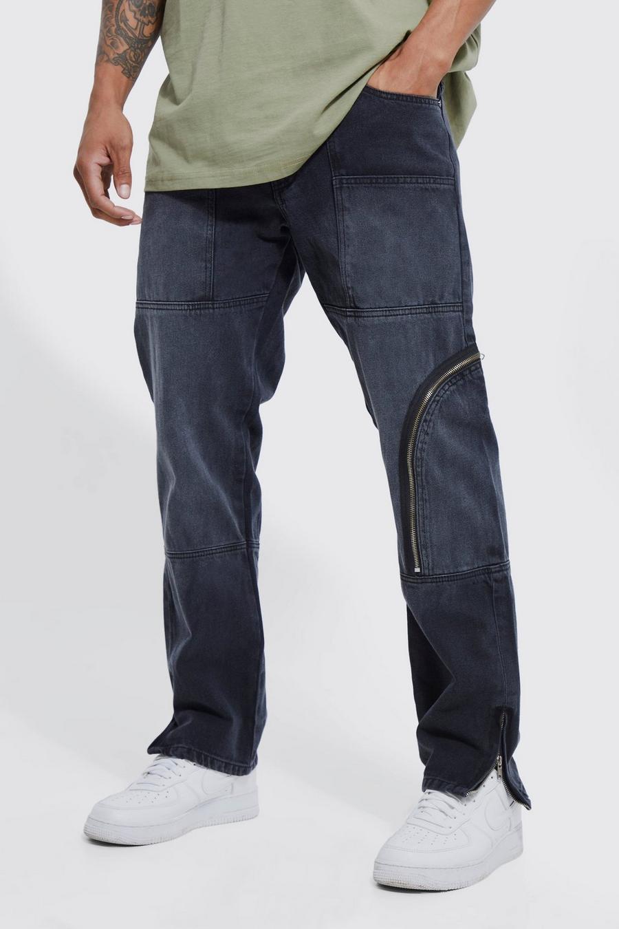 Washed black Straight Rigid Zip Detail Jeans