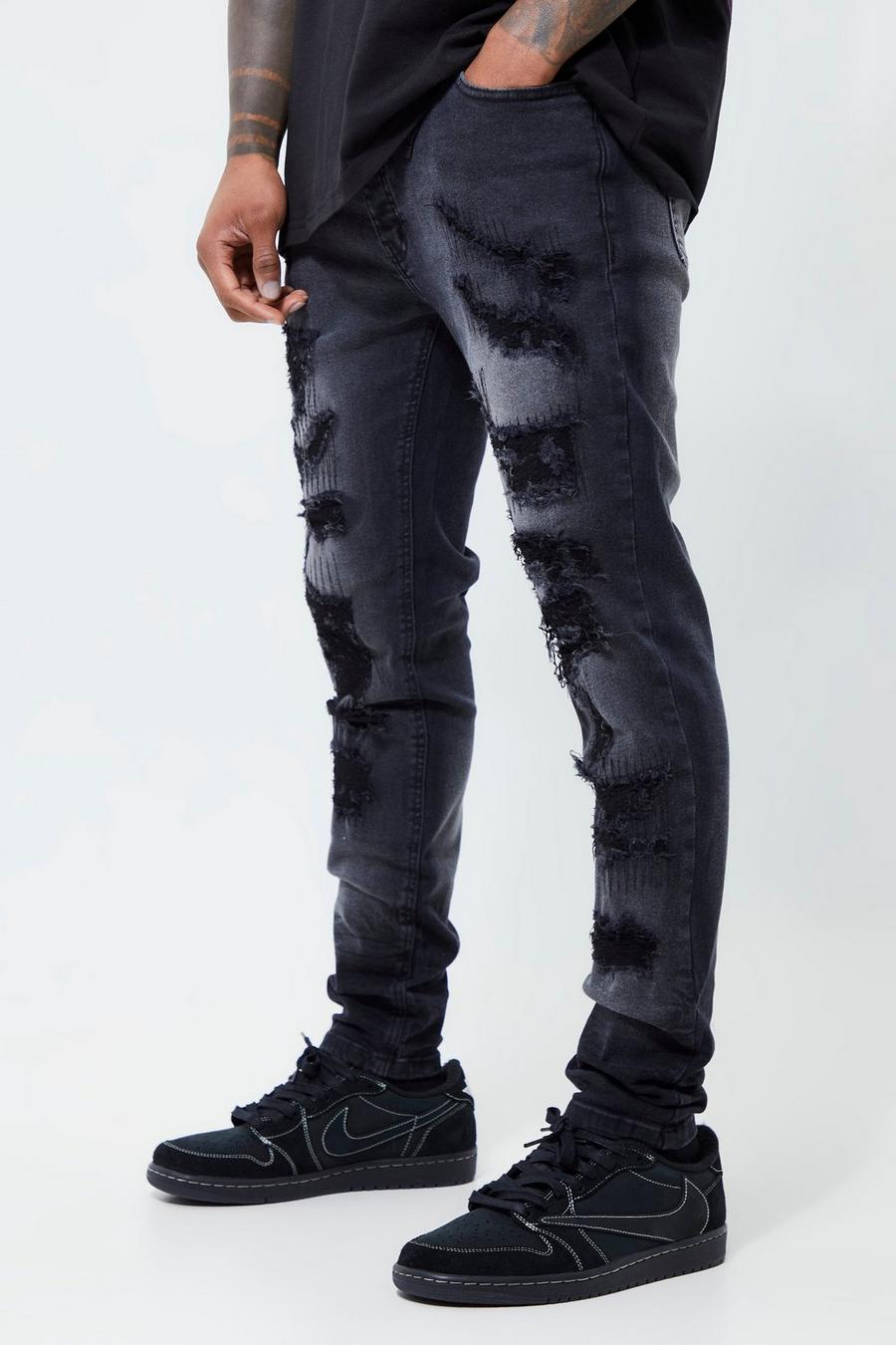 Skinny Stretch Jeans mit Rissen, Washed black