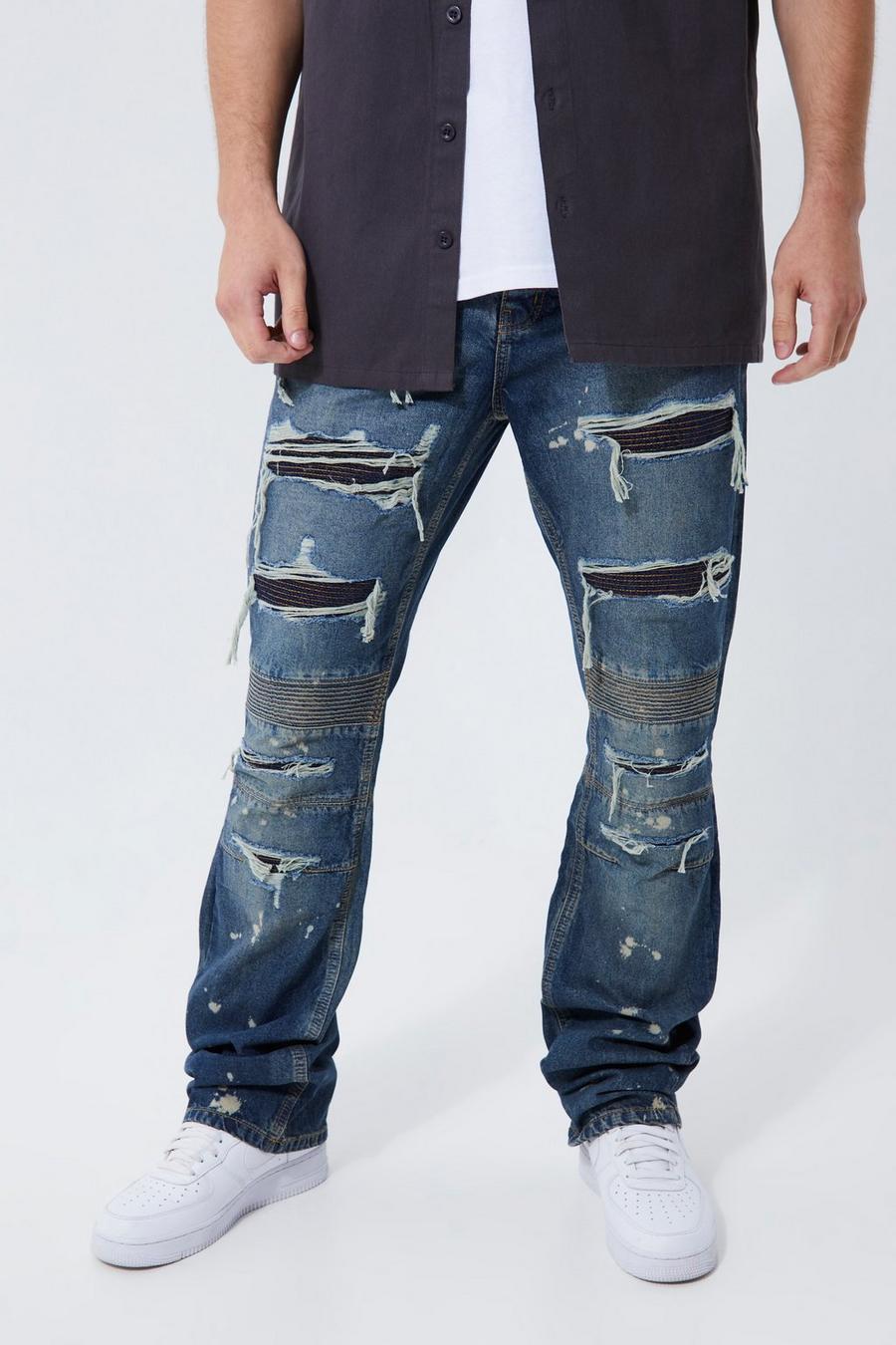 Antique blue Tall Slim Flare All Over Rip Biker Detail Jeans
