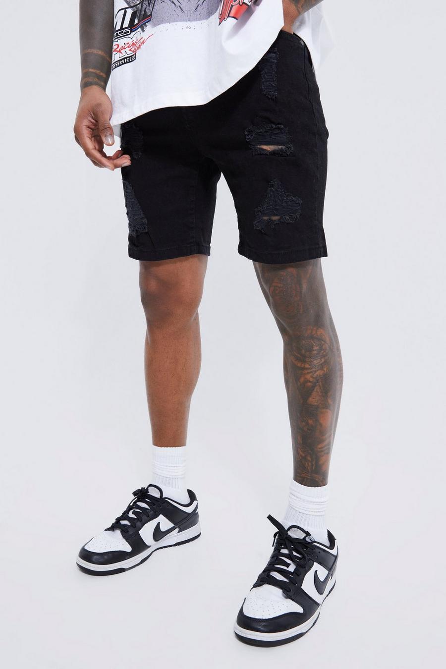 Black Skinny Stretch Distressed Denim Shorts image number 1