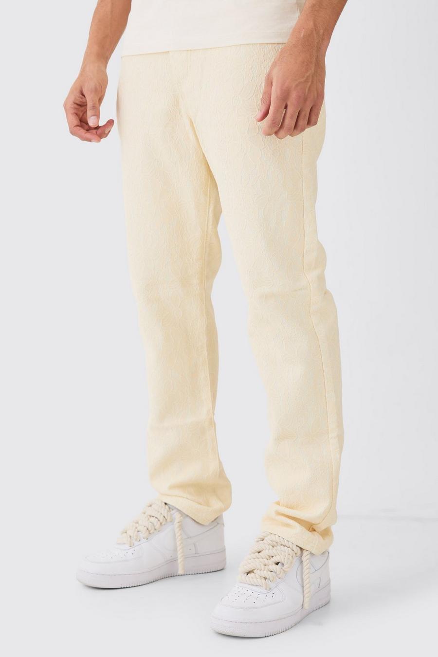 Jeans dritti in pizzo rigido con rivestimento in pizzo, Ecru bianco