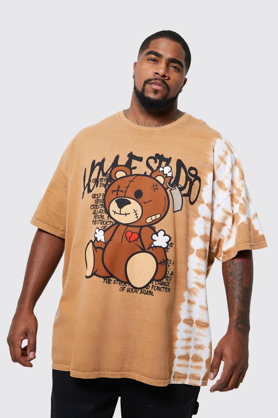 T-shirt Plus Size sovratinta candeggiata con grafica Teddy, Sand image number 1