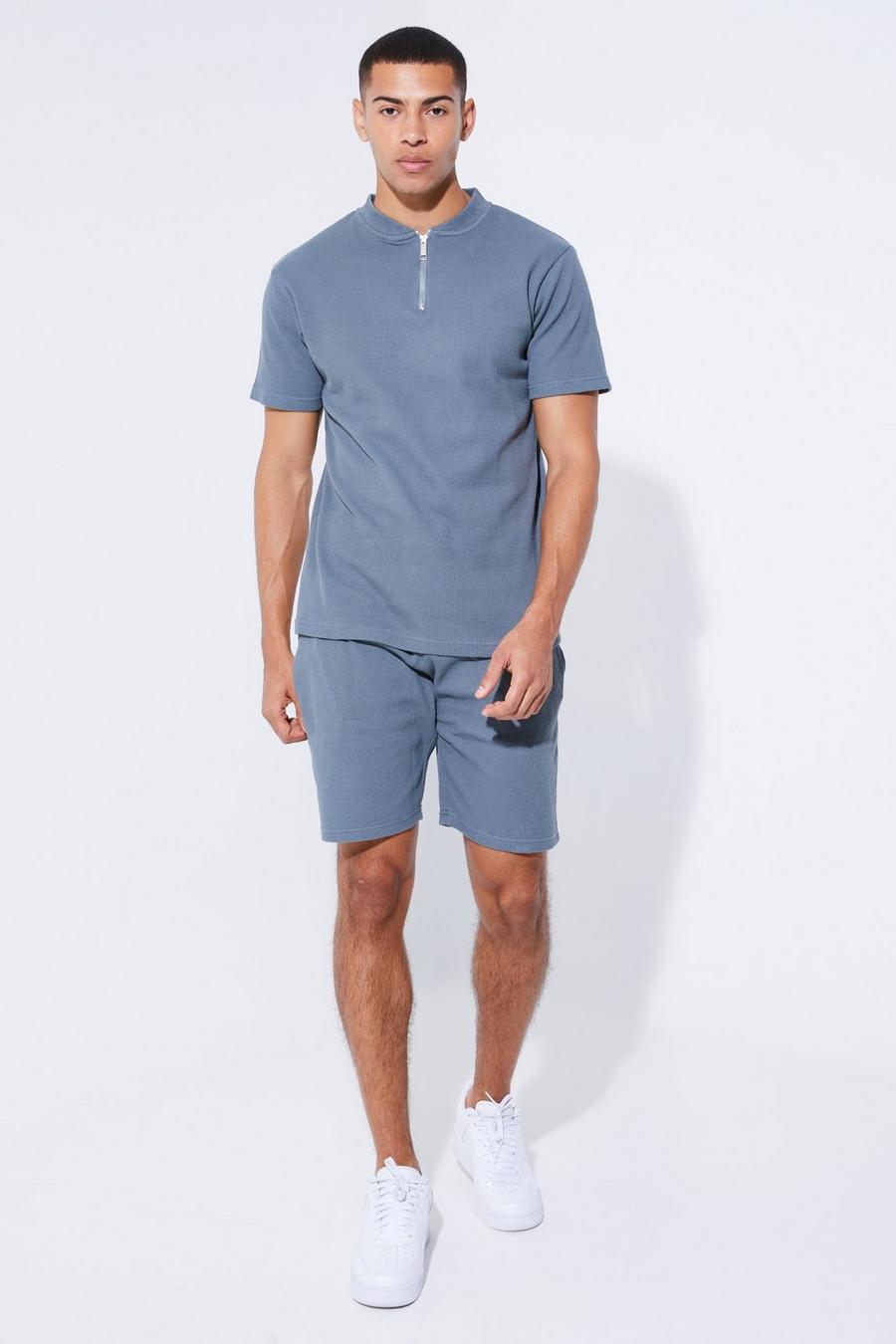 Slim-Fit Bomber-Poloshirt & Shorts in Waffeloptik, Slate blue image number 1