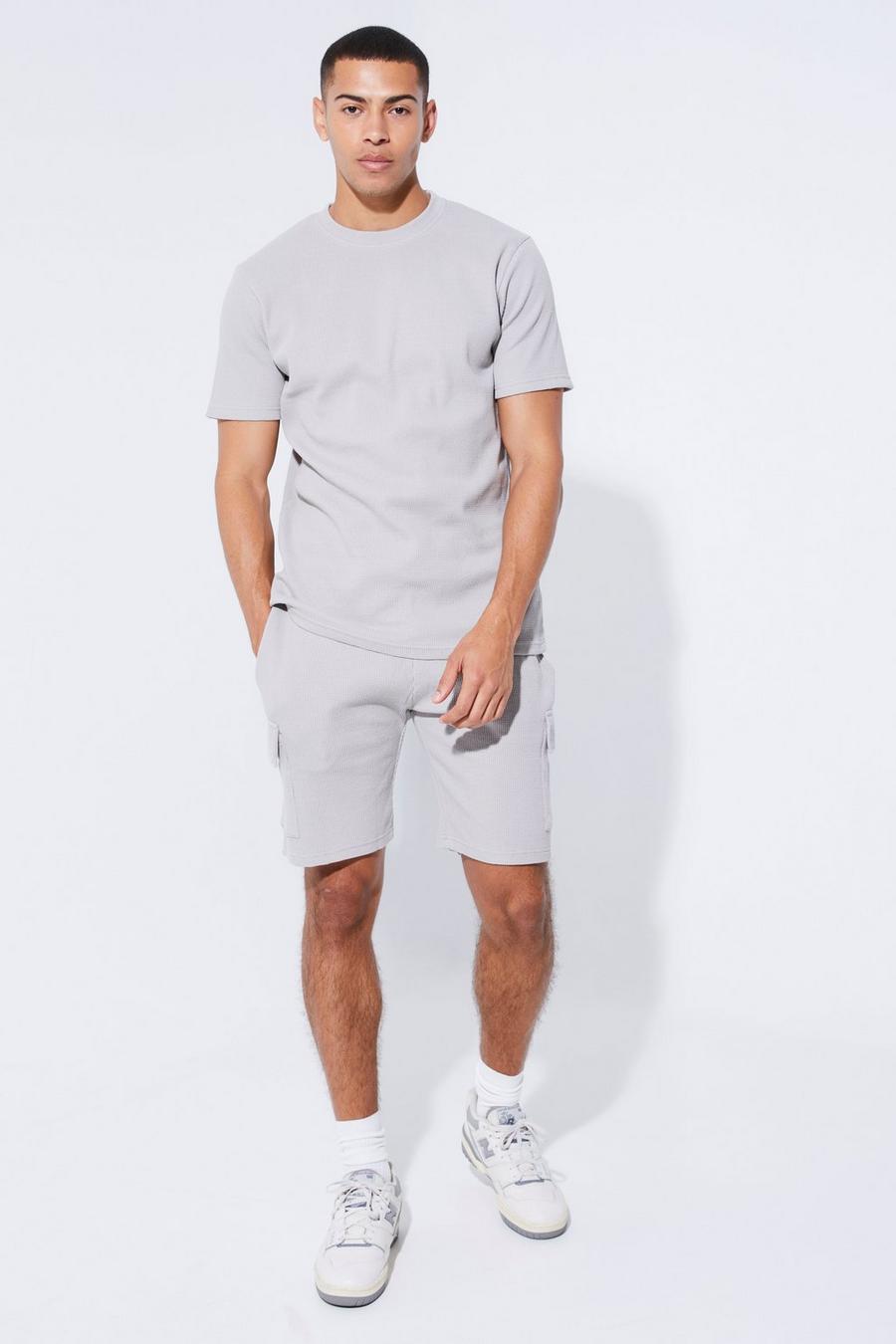 Light grey Wafel Gebreid Slim Fit T-Shirt En Cargo Shorts Set image number 1