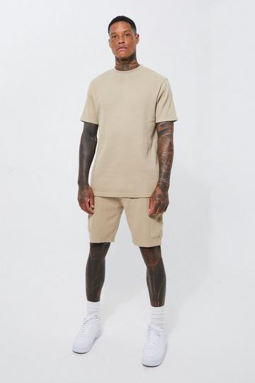 Slim Waffle T-shirt & Cargo Short Set taupe