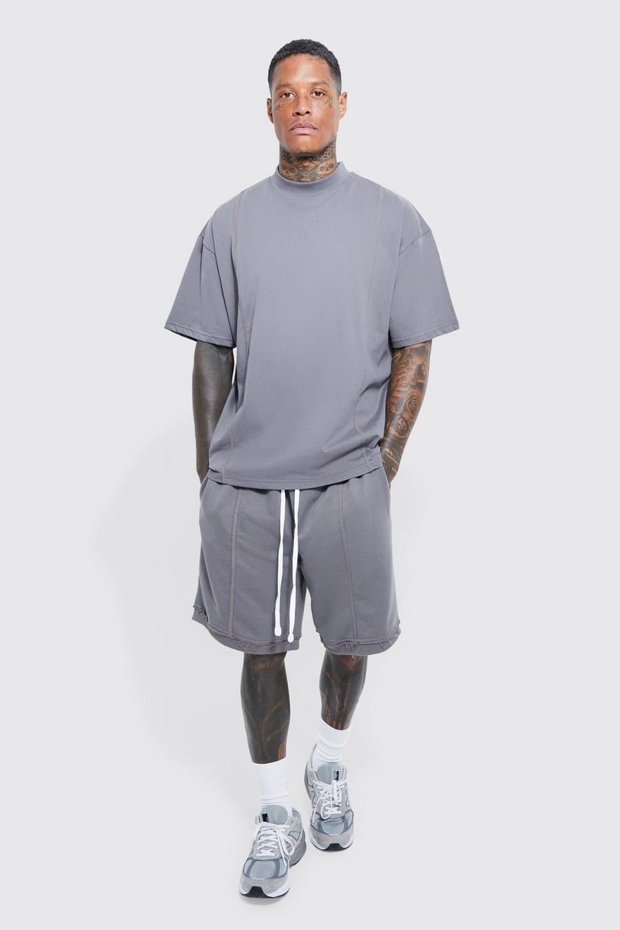 Charcoal Oversized T-shirt & Dropped Crotch Short Set image number 1