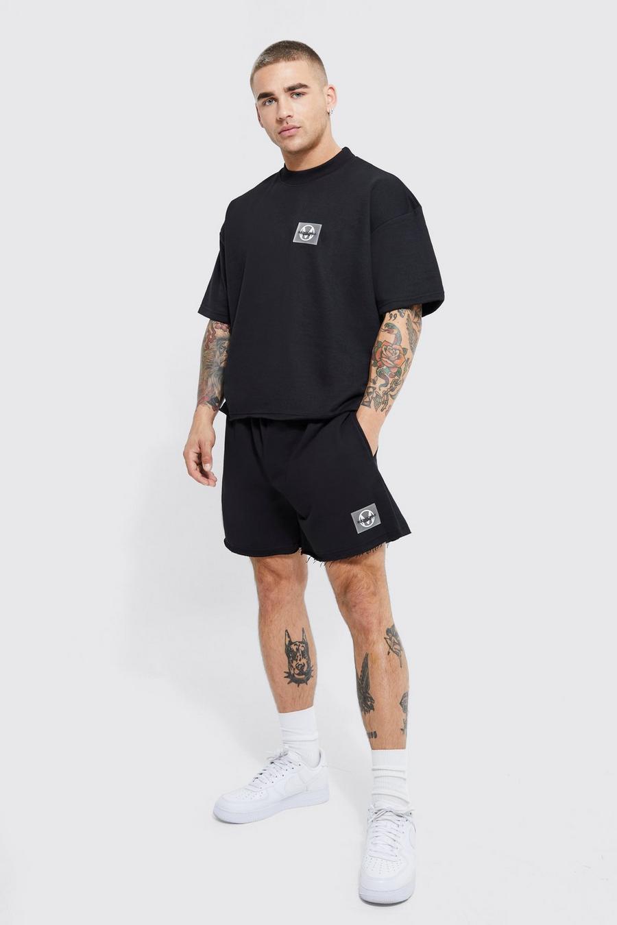 Black Oversized Frayed Hem T-shirt & Boxy Short Set image number 1