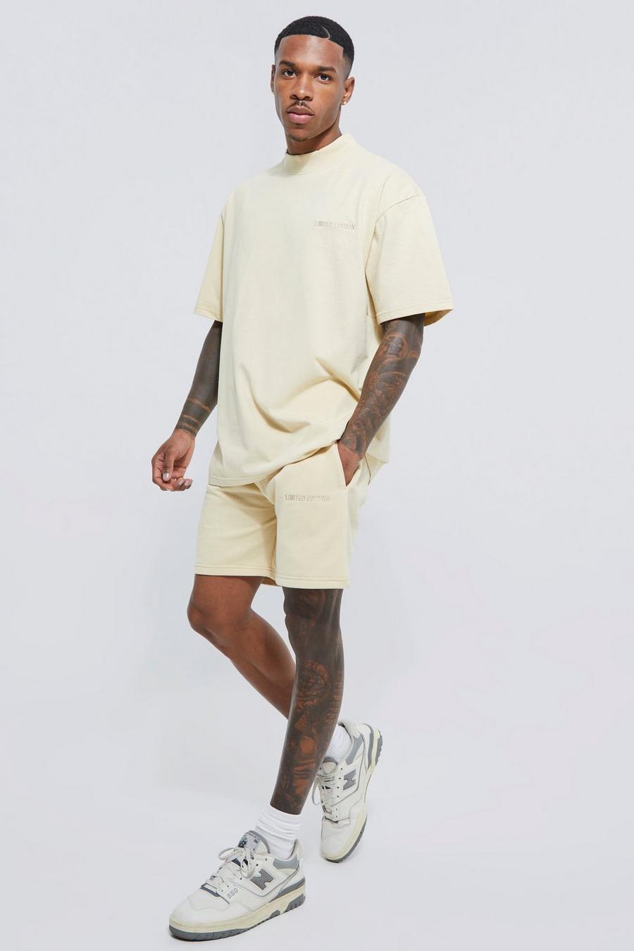 Oversized Lmtd T-shirt & Gusset Crotch Short Set , Sand beige