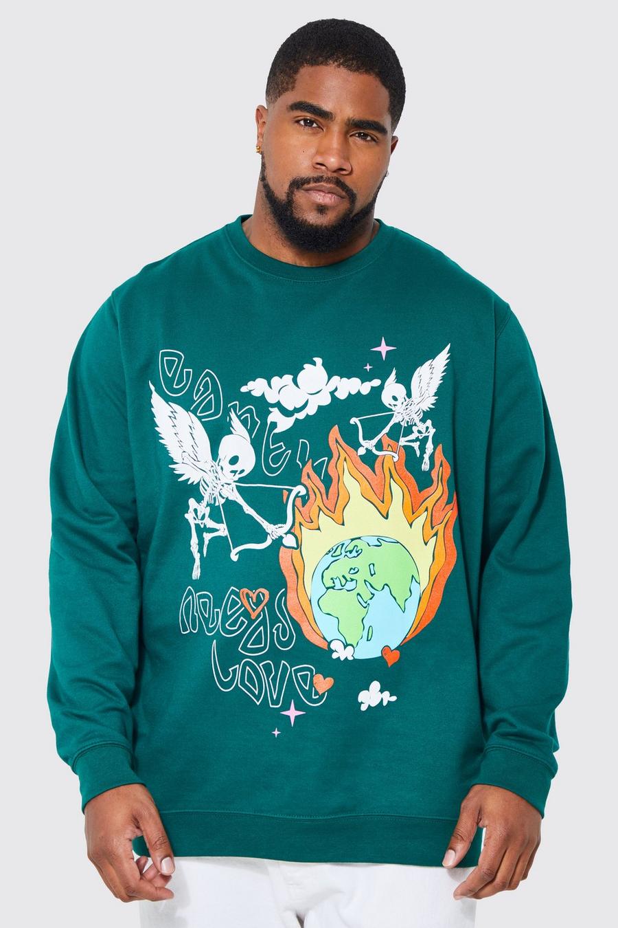 Plus Planet Needs Love Sweatshirt, Forest verde