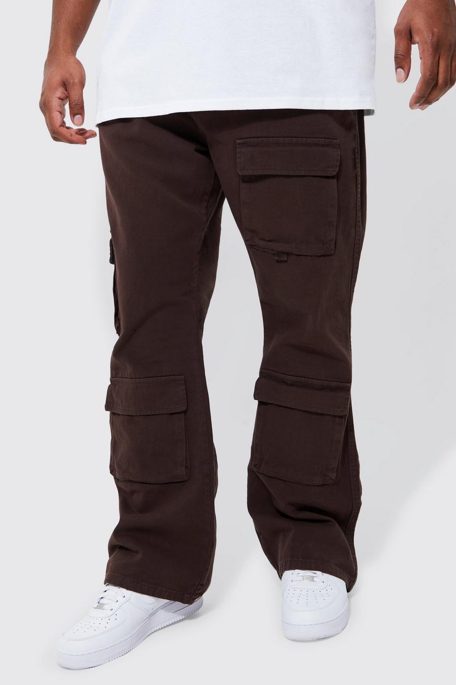 Pantaloni Cargo Plus Size a zampa Slim Fit con vita fissa, Chocolate marrone image number 1