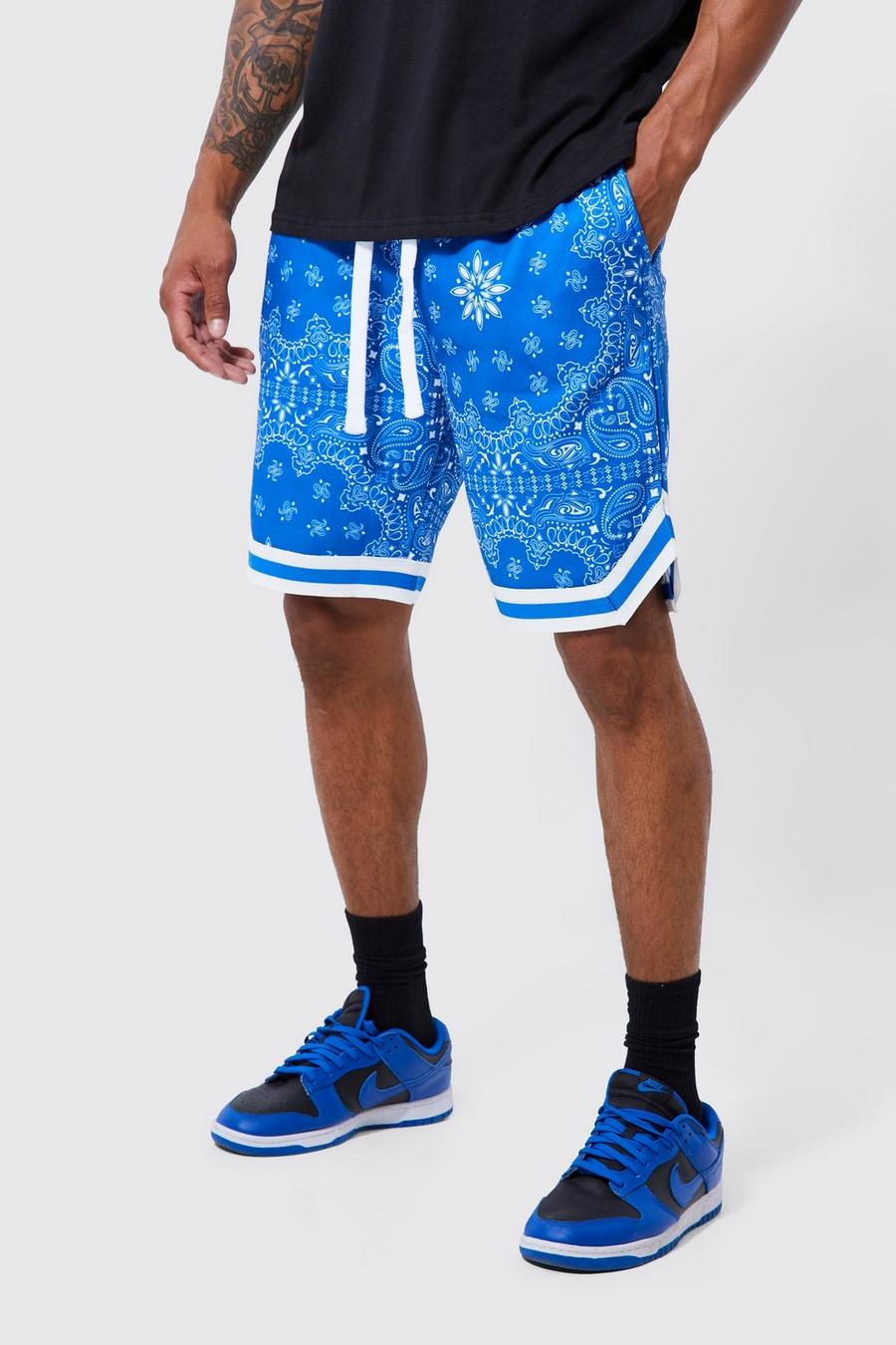 Pantaloncini da basket in fantasia a bandana con coste sportive, Cobalt blue
