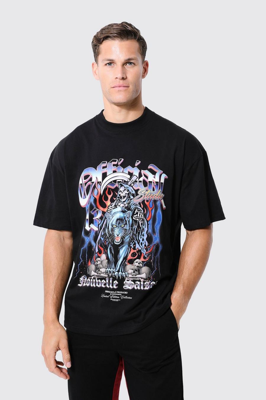 T-shirt Tall oversize con grafica di pantera, Black image number 1