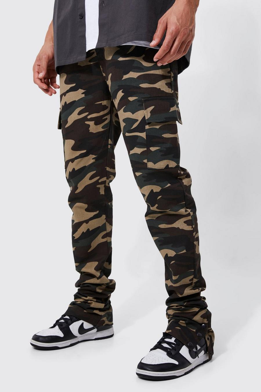 Pantaloni Cargo Tall Slim Fit in fantasia militare con vita elasticizzata, Khaki image number 1